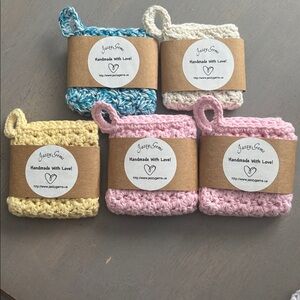 Crochet Washcloths Dishcloths with Hanging Loop 100% Cotton Handmade Bundle of 5